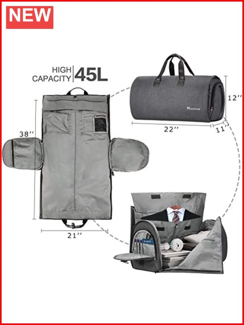 Convertible Garment Bag with Shoulder Strap, 2 in 1 Hanging Suitcase Duffel for